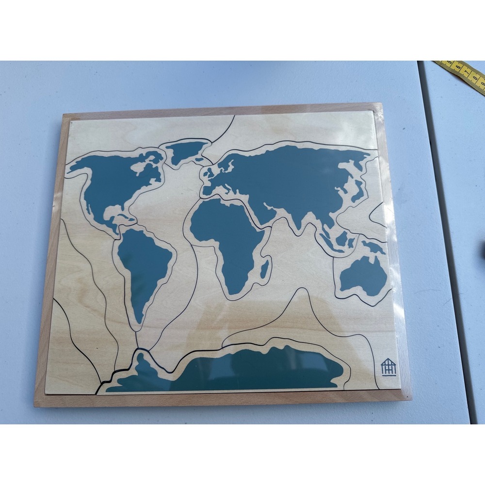 Hearth & Hand Magnolia Wooden World Map Puzzle Blue Natural Wood 12x10 New